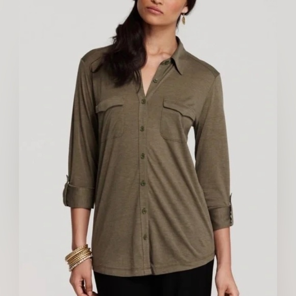 Eileen Fisher Silk and Cotton Blend Button Down Pocket Blouse - Picture 5 of 7